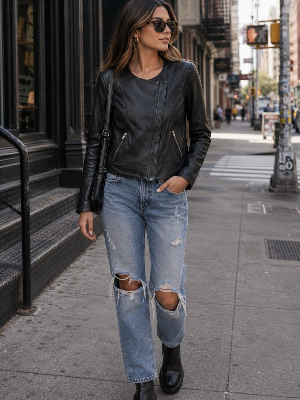 VEDA Dali Smooth Leather Moto Biker Jacket in Black Edgy Rocker Modern Women's M